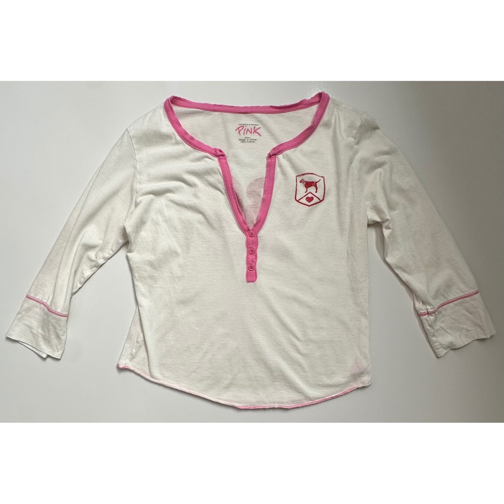 Vintage Y2K 2005 Victoria's Secret PINK Henley Top L White Pink Logo Dog